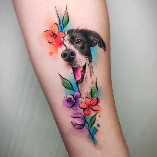 dog and flower realistic tattoo