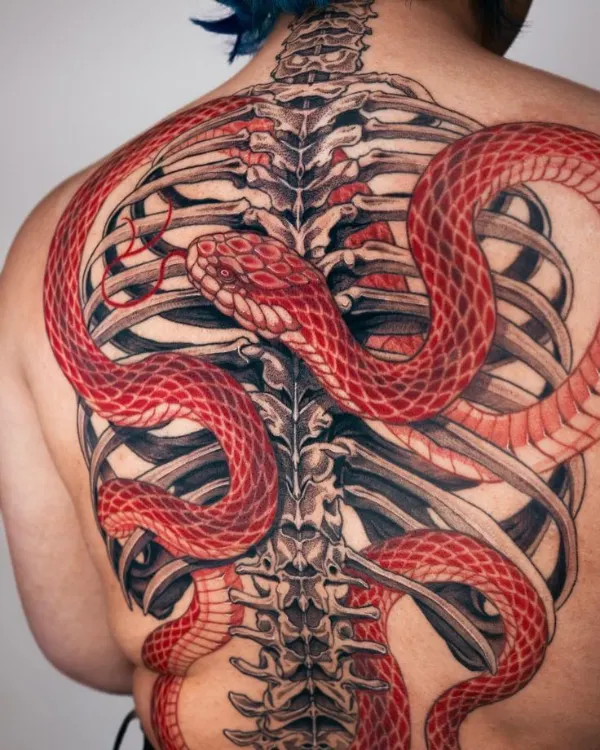 Red Snake with Bone back tattoo