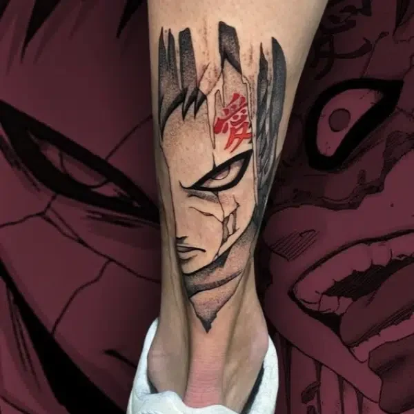 minimal tattoo with Gaara's left eye and the ai written on his forehead